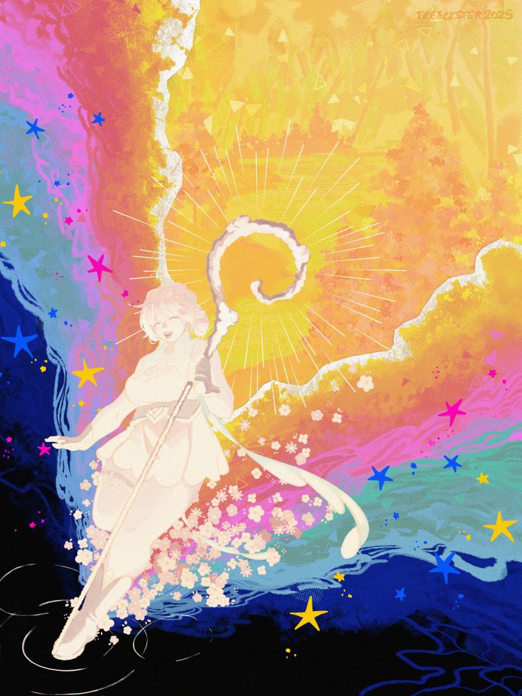 The illustration depicts my oc Tomoko bathed in a creamy white light, trailing flowers at her feet as she travels between one world portal to the next with her shepherd's staff on hand (it is her talisman, imbued with properties that allow her to worldhop). Behind her is 'Lyra, World of Crystal Volai' in yellow, framed triangularly (portal shape) by edges of torn paper and swirls of  orange, pink, teal, blue and indigo to portray  the same magical swirls as seen on the paperverse portal lore. 

The colours and surreal composition is inspired by similar artworks from artists such as birdfrogdraws (@instagram), inkinkinkwww (@x/twitter), and fish1802 (bedemientay1802 @twitter).