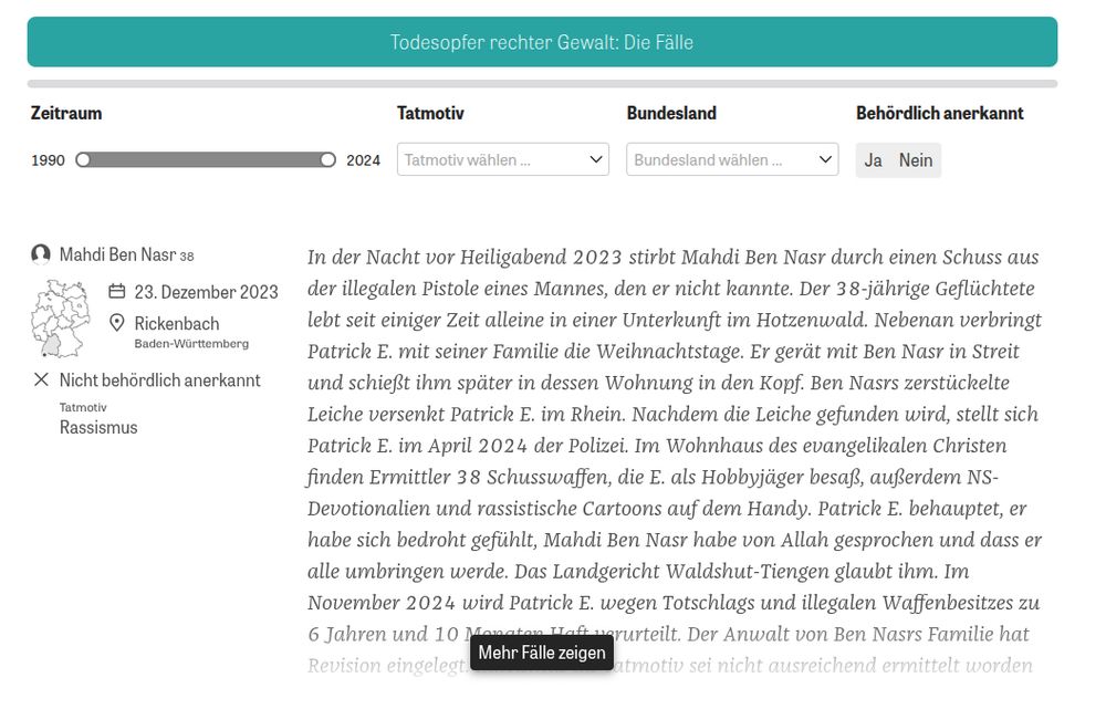 Screenshot Datenbank mit Filtern Zeitraum, Tatmotiv, Bundeland, Behördlich anerkannt ja/nein