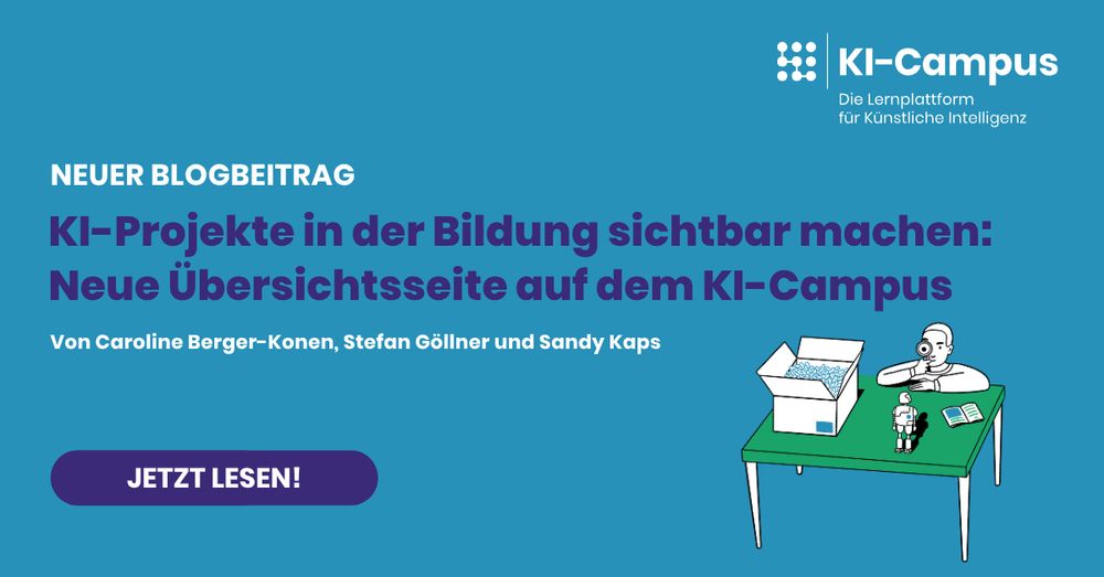 Grafik zum Blogbeitrag des KI-Campus mit dem Titel: „KI-Projekte in der Bildung sichtbar machen: Neue Übersichtsseite auf dem KI-Campus“. Rechts sitzt eine Person an einem Tisch mit Lupe, Roboter, Buch und großer Kiste. Links unten ein Button mit der Aufschrift „Jetzt lesen!“.