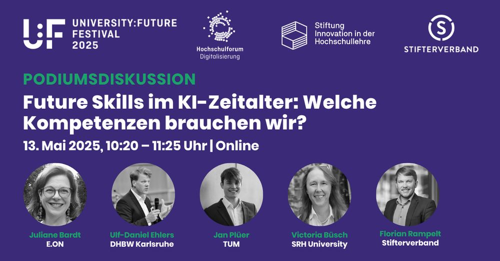 Grafik zur Online-Podiumsdiskussion „Future Skills im KI-Zeitalter: Welche Kompetenzen brauchen wir?“ am 13. Mai 2025, 10:20–11:25 Uhr. Abgebildet sind die fünf Diskussionsteilnehmenden mit Namen, Institutionen und Porträtfotos: Juliane Bardt (E.ON), Ulf-Daniel Ehlers (DHBW Karlsruhe), Jan Plüer (TUM), Victoria Büsch (SRH University), Florian Rampelt (Stifterverband). Logos von University:Future Festival, Hochschulforum Digitalisierung, Stiftung Innovation in der Hochschullehre und Stifterverband.
