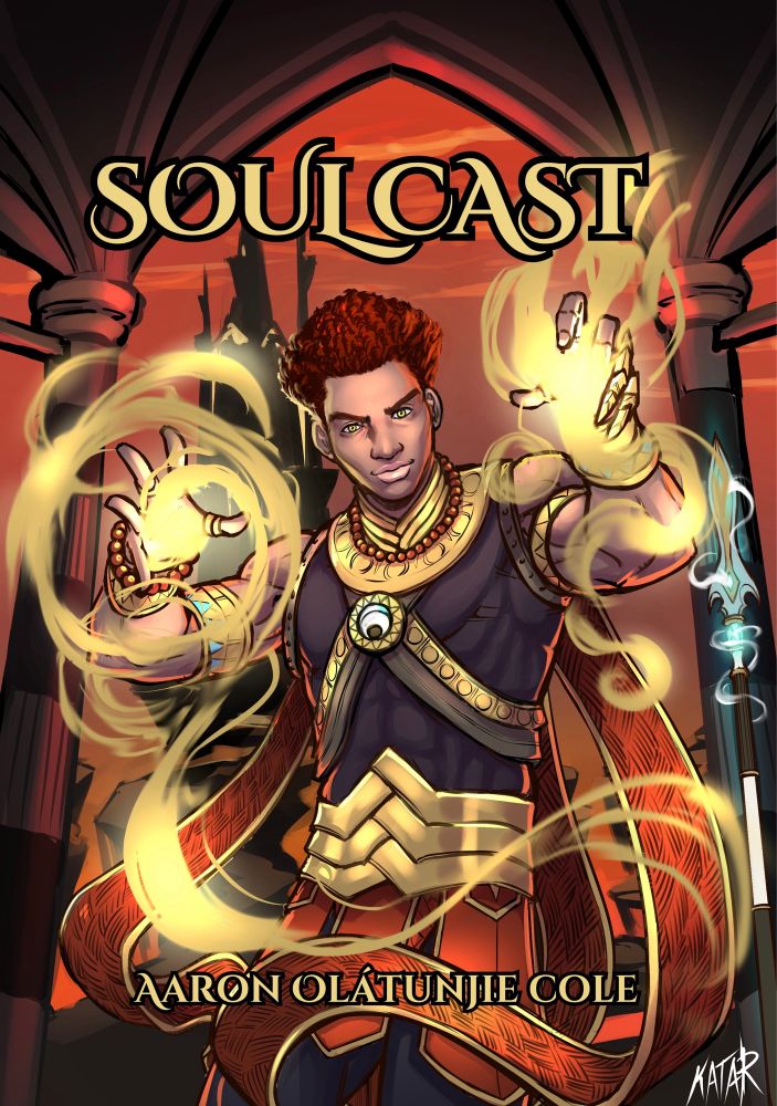 Artwork of the main character in Aaron’s SoulCast Series. In the image, a Black teen with red hair ignites his blood magic in the Underworld of Kalunga.  