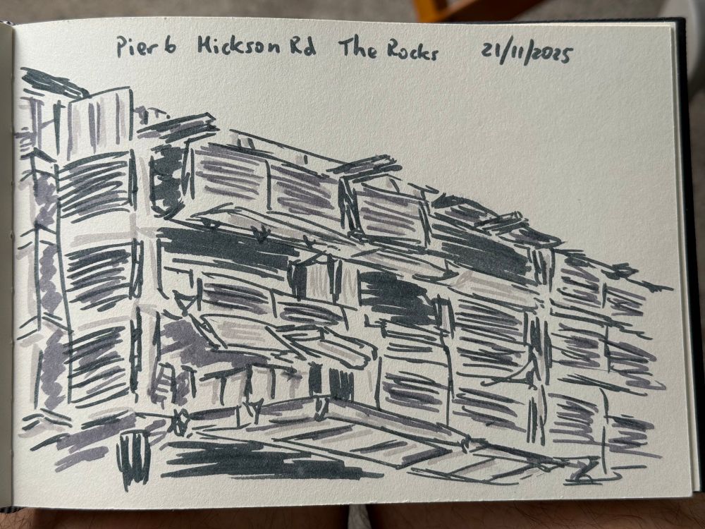 Grey marker sketch of a block of apartments built in an old wharf.