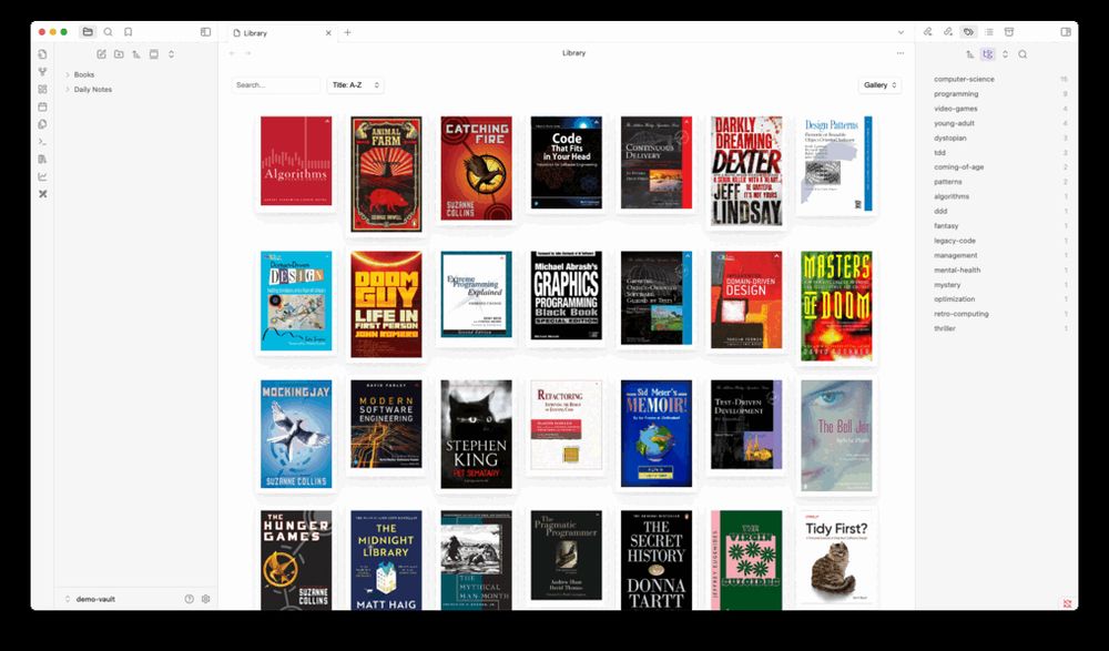 Various screenshots of the Bookshelf plugin for Obsidian
