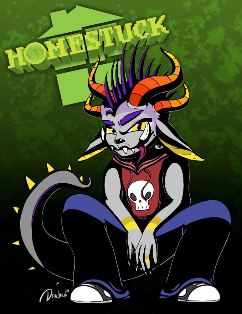 Fanart of my original character, Zaddy, as a Homestuck troll. He is doing a nice Slavic squat while looking at your with a shit-eating grin. I tried to use most of Zaddy's original colors like yellow, grey, and purple. But still sticking to the roots of the red, orange, and yellow horns. I also did very bold cell shading as an homage to the old school comics and them using MS Paint. Logo and title included to showcase that it is fanart. 