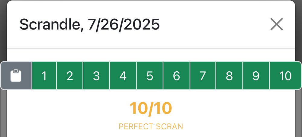screenshot showing the score from playing a daily round of scrandle, perfect 10/10 points