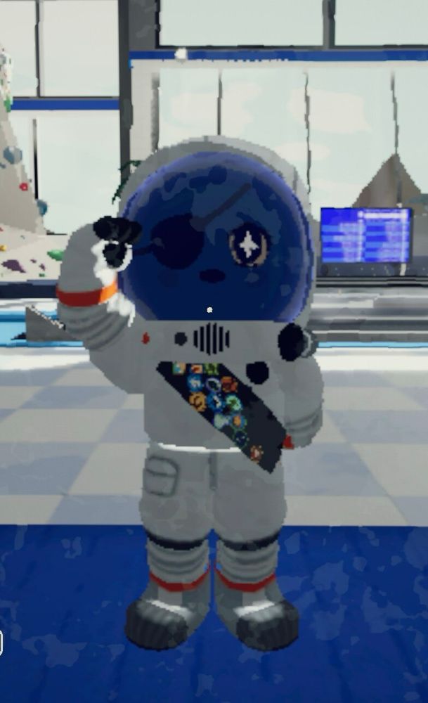 a blue PEAK scout dressed in space suit with starry eyes and an eye patch, in a saluting pose