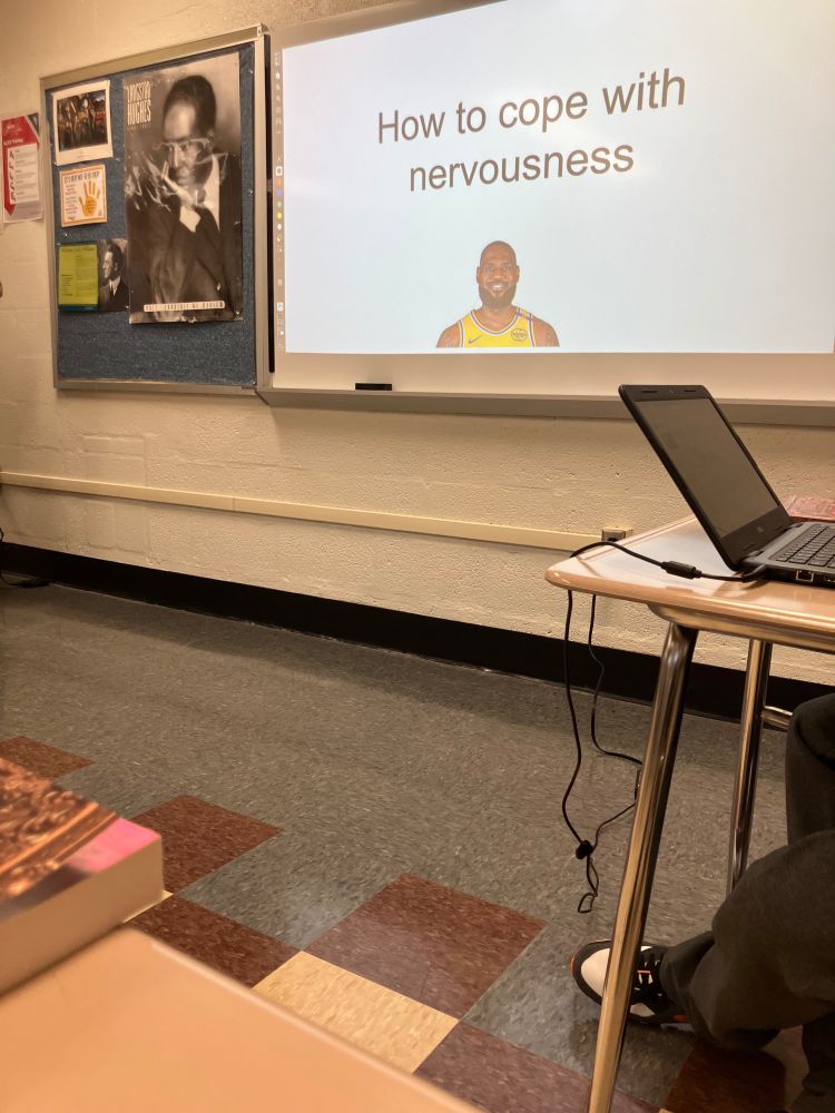 An intro slide to a class presentation discussing how to cope with nervousness, inexplicably featuring famous basketball player LeBron James right below the title.