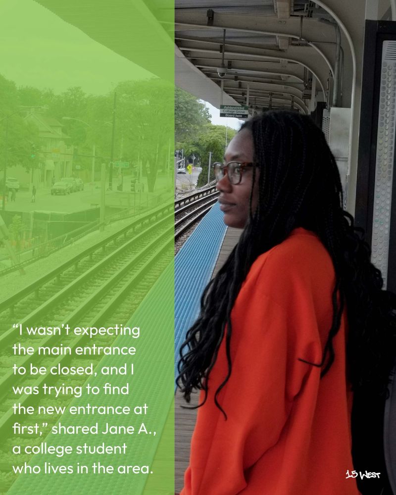 Side profile of student Jane. She stands atop a subway platform and wears a bright orange sweatshirt