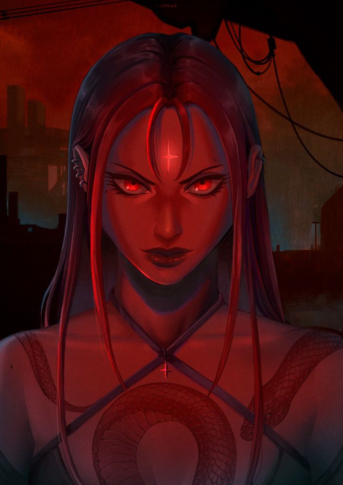 Red digital painting of a woman with a snake tattoo in a cyberpunk/post-apo environment.