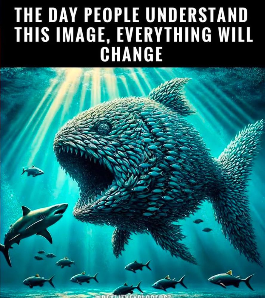 AI image or art: Millions of sardins in a group standing together has formed into one big fish dangerous fish, turning on the shark, threatening to eat it.