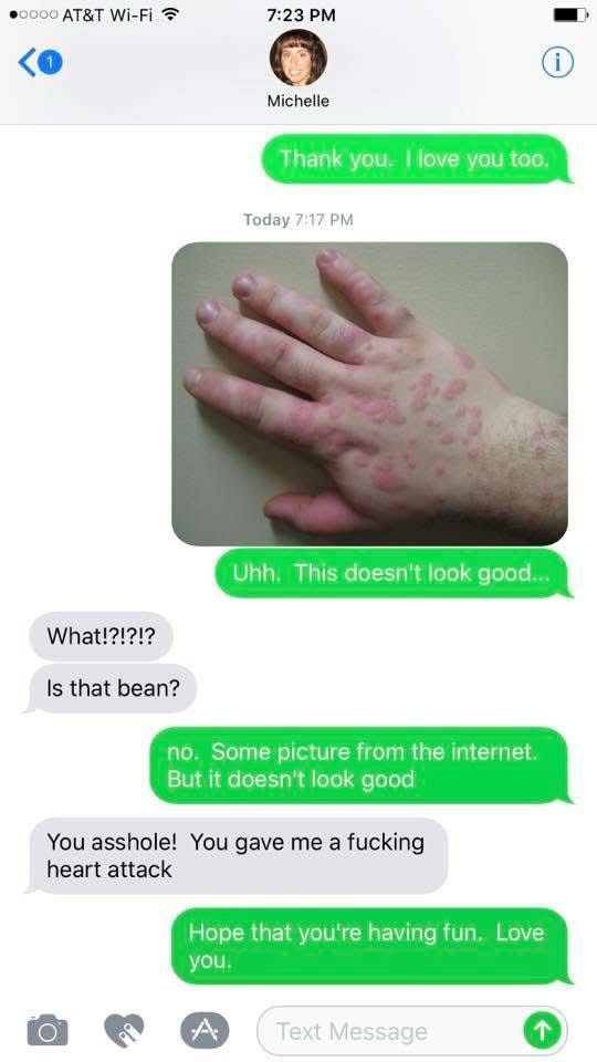 Trolling a nervous new mother with injury pictures from the internet.