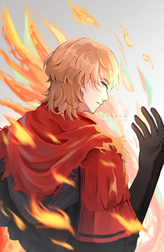 an illustration of joshua from final fantasy 16. He's glancing over his shoulder with his hand raised slightly, flames behind him in the faint shape of a phoenix wing