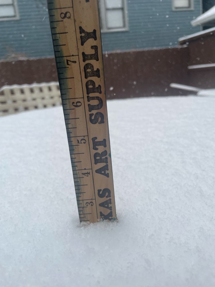 Photo of a yard stick plunged into snow showing an accumulation of 2.5 inches.