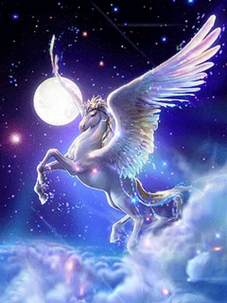 a winged unicorn is flying in the night sky