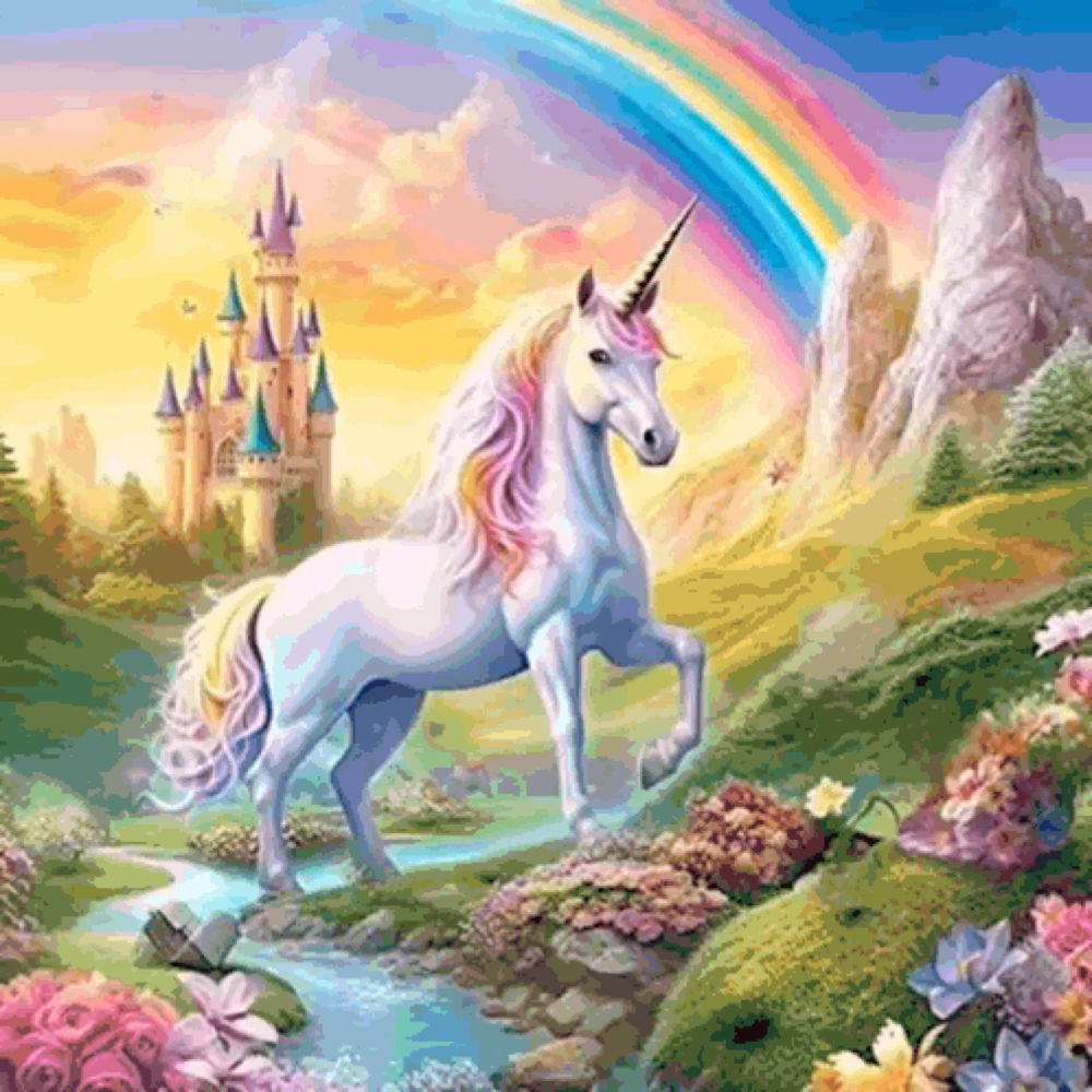 a painting of a unicorn standing in front of a castle