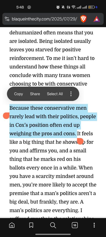 A screenshot of the article with the highlighted text: "Because these conservative men rarely lead with their politics, people in Cox's position often end up weighing the pros and cons."