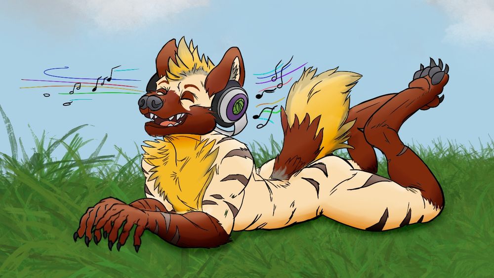 A hyena with headphones on listening to music.