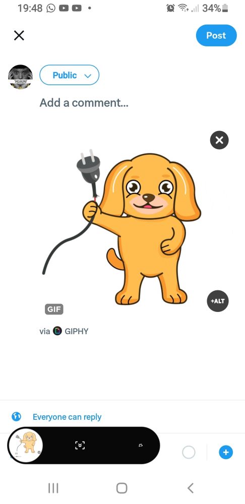 A cartoon puppy holding an electric lead