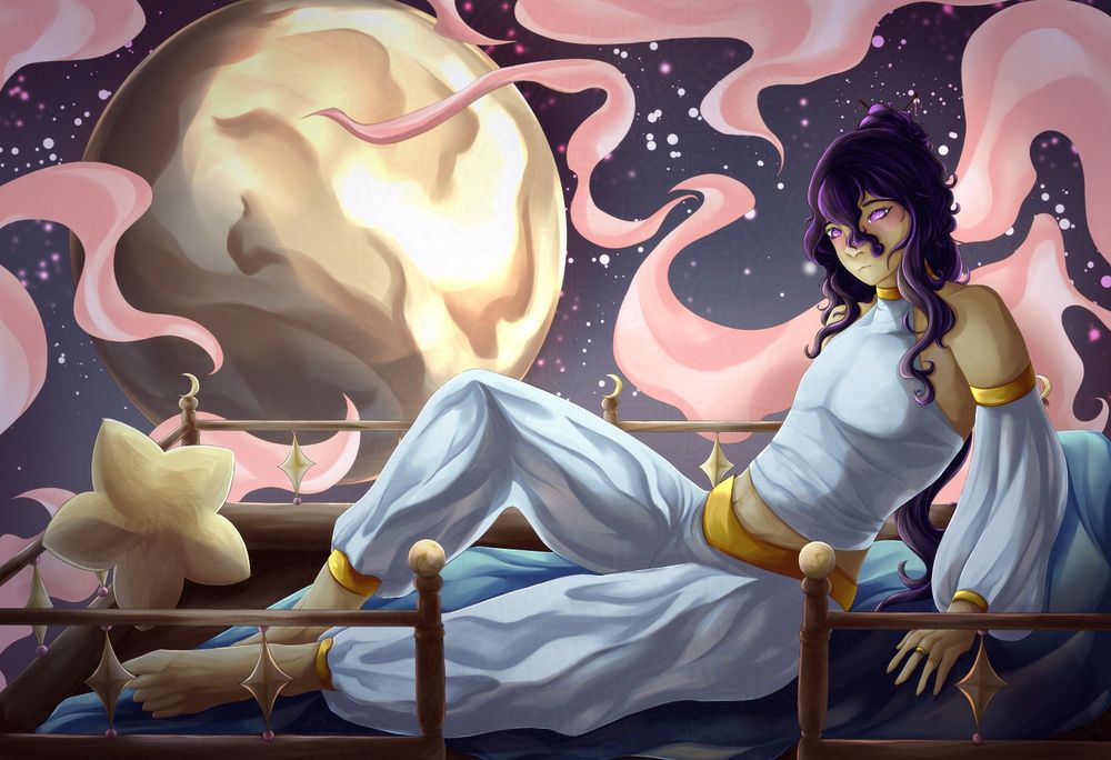 This illustration shows a purple-haired man lying down on a daybed.  Star and space motifs are throughout the artwork, with a little star pillow on the bed. Crescent and full moon ornaments, as well as star-shaped railings, decorate the daybed. In the background, there is a giant moon among a starry sky, and pink smoke swirling into frame.
