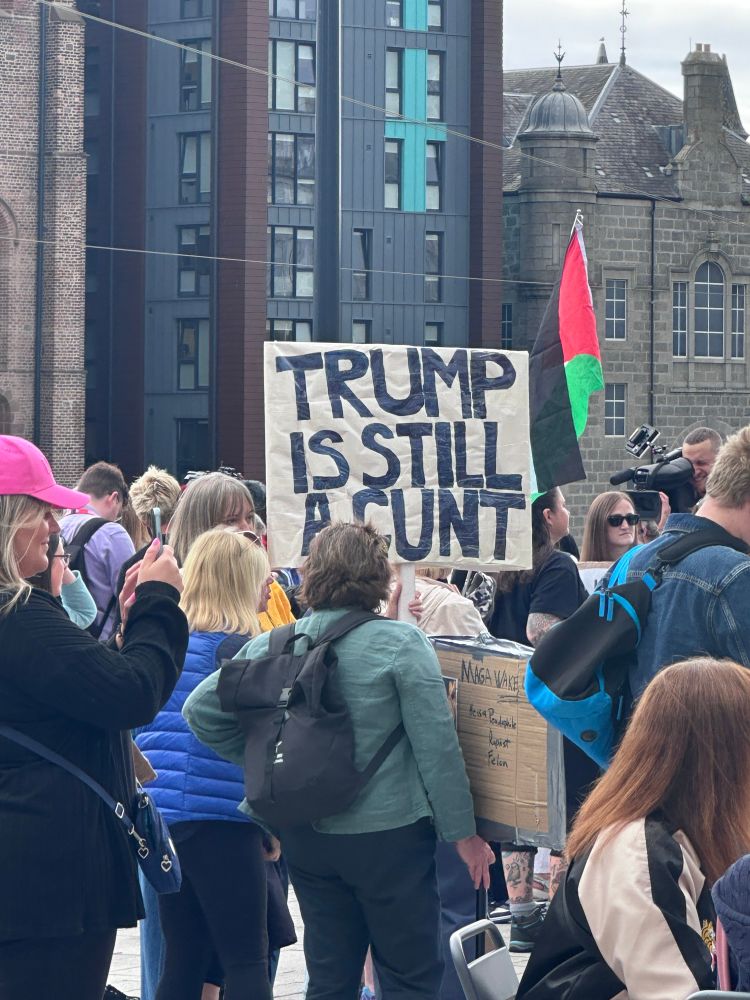 Protesters at anti-Trump rally. Placard says ‘Trump is still a cunt’