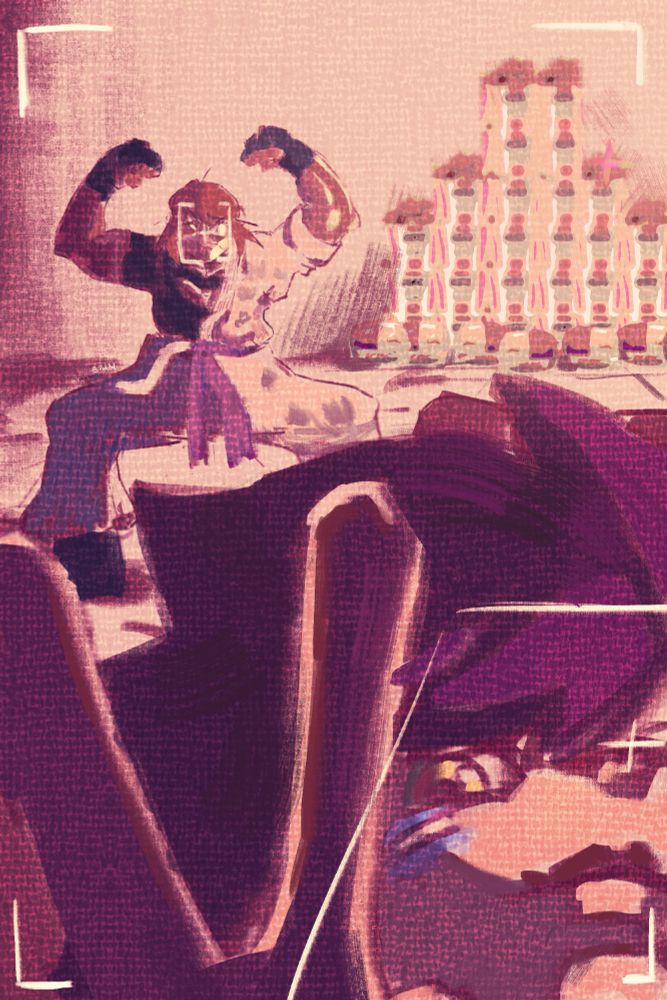 selfie illustration of my oc's maya and emily. Maya is super close to the camera (only her face is visible), while emily is to the back of the camera. She is flexing her big big muscles. To the backest right are a bunch of kfc chicken buckets that they are about to devour.
The color palette is leaning towards purples and reds, Maya is very dimly lit from the back, and emily is lit from the right.
Maya has the trans flag on her right cheek (our left), Emily has the lesbian flag on the same cheek