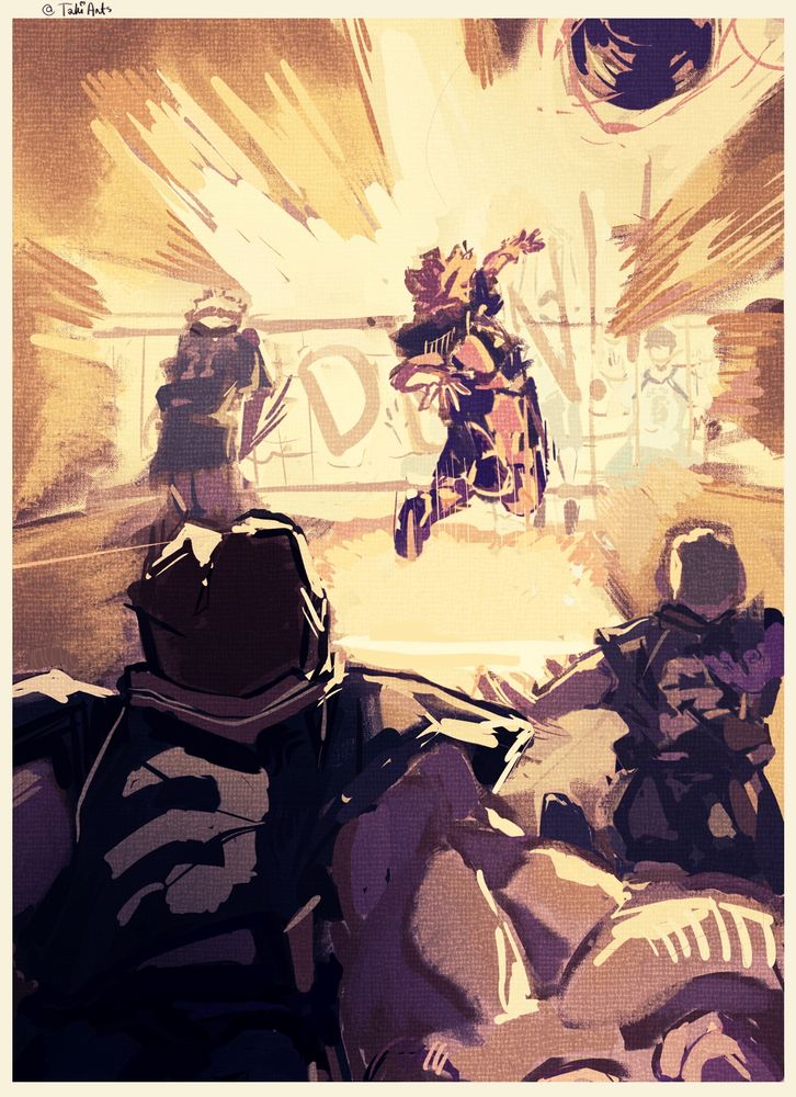 painting by takiarts of Karasuno from Haikyuu in a match against Kamomedai. In the middle and the brightest part of the piece is Hinata who has jumped ready to hit. Everyone else is obscured in shadow, rim-lit by the light being cast from Hinata. To the left and closest to the camera is Asahi who has his arms extremely foreshortened quickly moving back as he's getting ready to jump. To his right and further from the Camera is Tanaka who is further into his running approach in a similar pose. He is overlapped by Asahi. To the left and furthest from the camera is Tsukishima who already hit the air and is falling back to the ground. There is a ball coming from the top right aimed for at Asahi