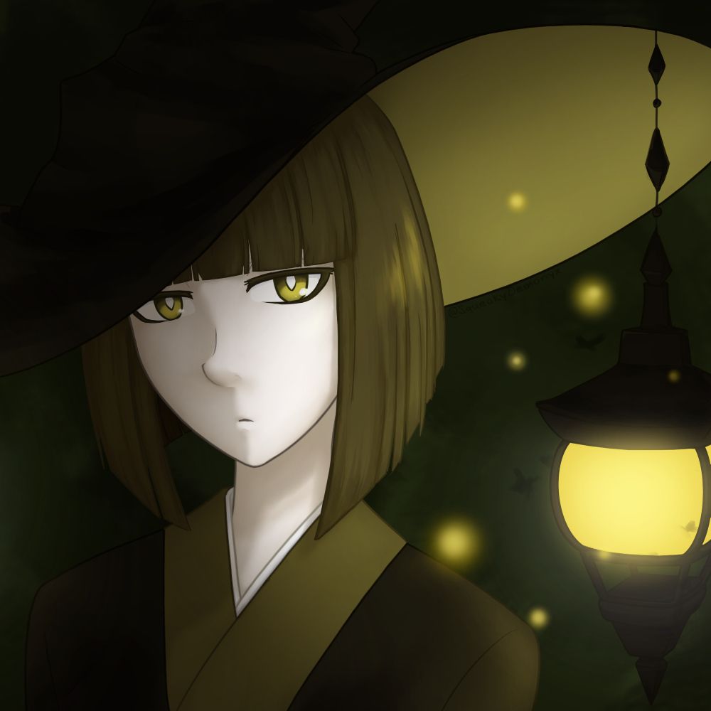 Touya the lantern witch in dim lighting. She is looking at the camera with one of the lanterns that hangs from her hat in the foreground illuminating her. Glowing orbs and moths are gathered around the lantern.