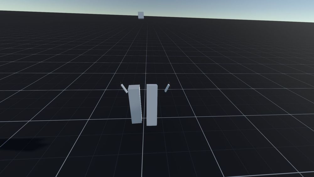 character without a torso just two large cuboid thighs, no arms and two small hands about the size of a deck of cards with a tiny cube for a head, stood in an endless void with a black floor with a white grid on it. taken in resonite