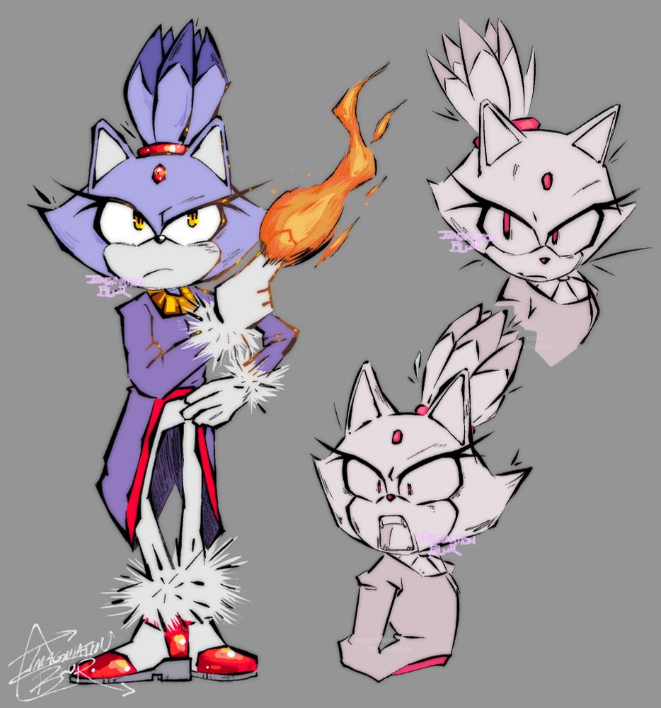 Digital Illustration of Blaze the Cat on a grey background. There are three illustrations on the came page, one full body illustration on the very left of her resting her weight on her hip, pose overall relaxed but upright while looking up to the right with her left arm cross her body with her main two fingers pointed with a blazing fire pouring out. She looked unimpressed and fully colored.

The smaller illustrations on the right, both drawn from the bust up, and both colored with simple off white pink looking flats. The buttom bust drawing if of her looking angry, or agitated, with a dramatic yell showing off a large expression with her shoulders also raised. The top bust illustration if of her looking serene and calm, almost smirking looking off to the side faced to the right.

The entire linework also has an overlay fuzziness to it making the illustration look softer.