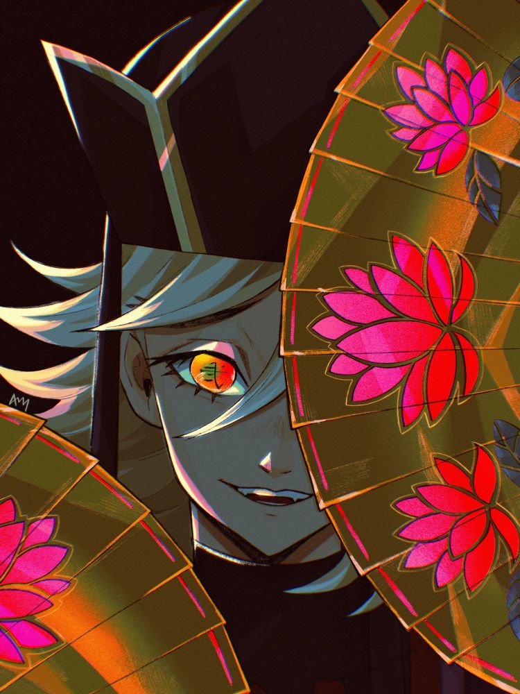 Douma, from Demon Slayer. Dark background and colorful eyes. 2 golden fans with vibrant lotus flowers in the foreground, obscuring one of the eyes.