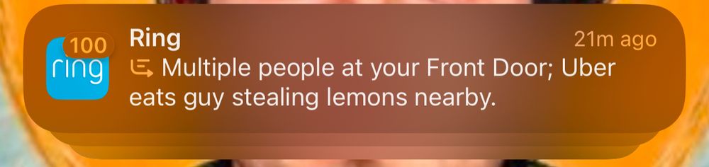 Ring notification via Apple Intelligence: Uber eats guy stealing lemons nearby 