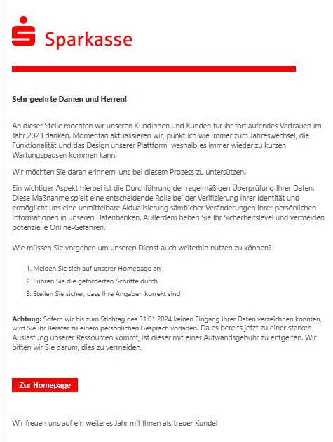 Screenshot einer Phishing-Mail im Namen der Sparkasse