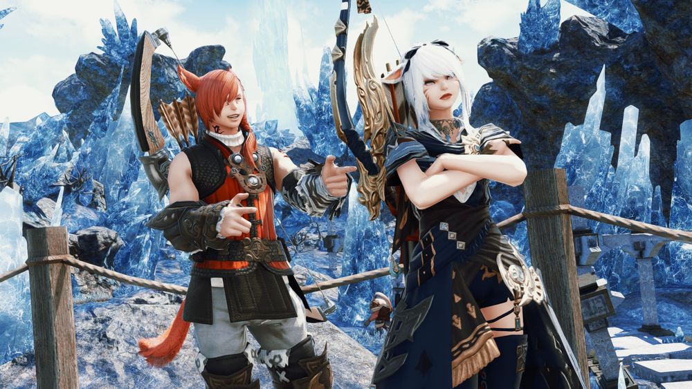 [Post-ARR] g'raha tia making finger guns at an annoyed n'ya after rammbroes pairs them together for a hunting expedition