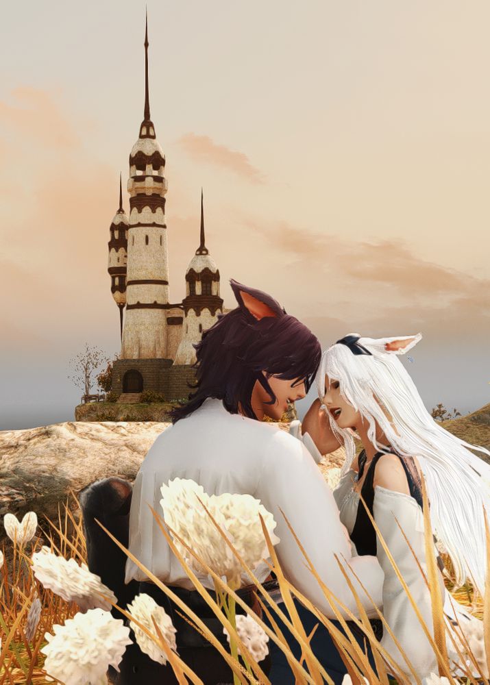 [LADS au] my warrior of light n'ya laughing with her husband rafayel, while on a date in western la noscea. the sun is setting and they are sitting amid a field of flowers, a small lighthouse in in the distance