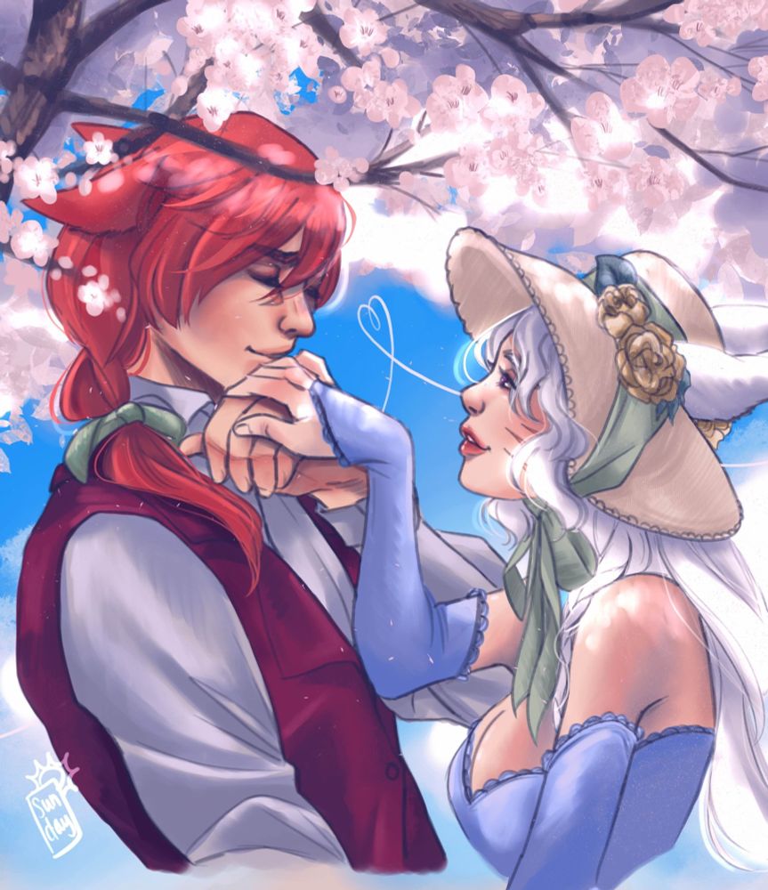 art of my wol n'ya and g'raha tia set in their bridgerton au; the lord exarch places a gentle kiss on lady n'yahdia's hand while she gazes at him with a lovestruck expression