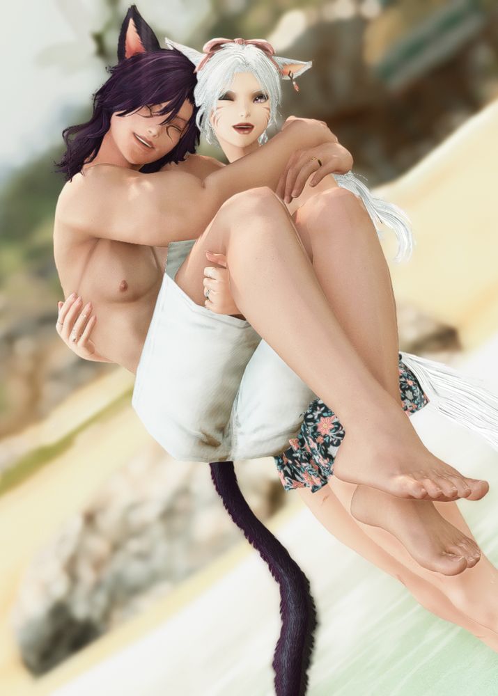 [LADS AU] rafayel, a lemurian miqote with shoulder-length purple hair, is happily curled up in his girlfriend and bodyguard, n'ya's, arms. she is a land miqo'te with long white hair tied back in a braid. they are enjoying a day at the beach together in costa del sol 