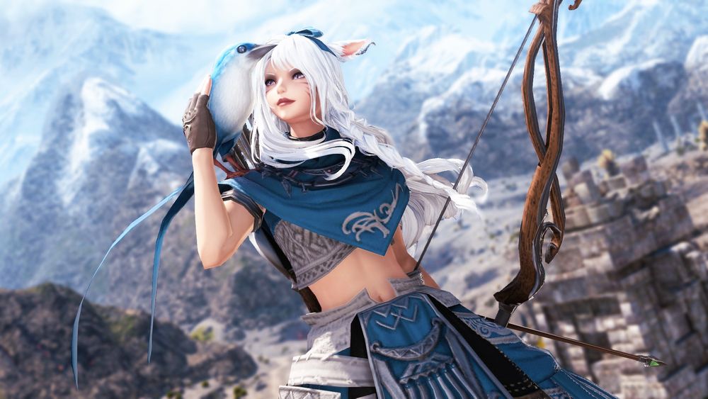 n’ya reaching up to gently stroke meteion’s feathers while hunting