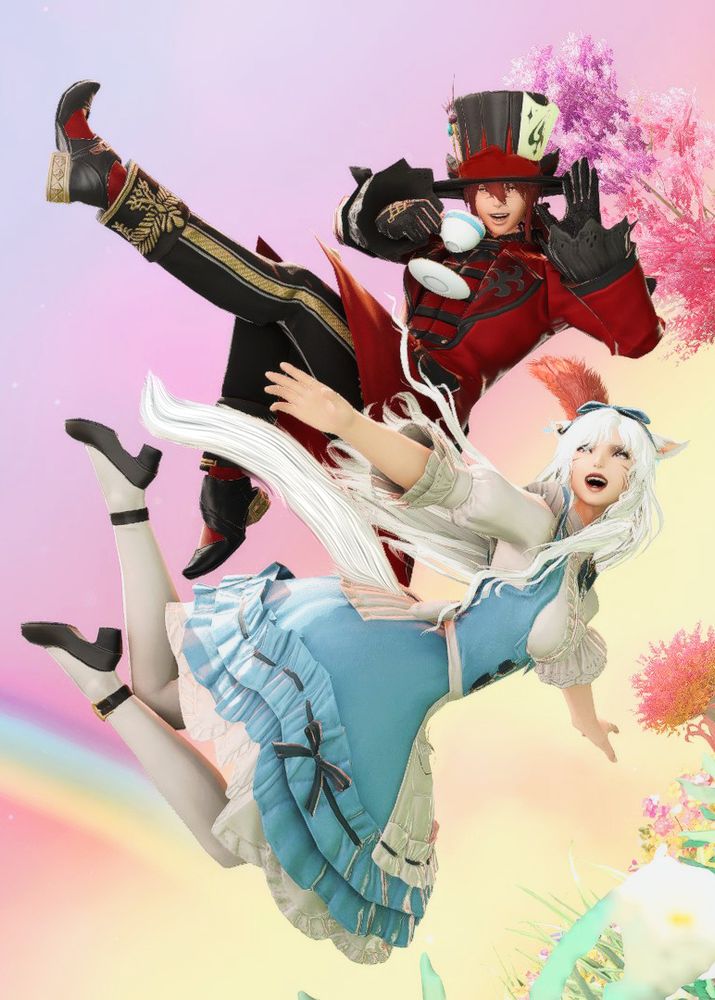 [Alice in Wonderland AU] N'ya, a female miqo'te with white hair (dressed like alice) looks up while laughing at G'raha, a male miqo'te with red hair (dressed as the mad hatter). He is drinking tea and waving at her as they fall down the rabbit hole toward Wonderland