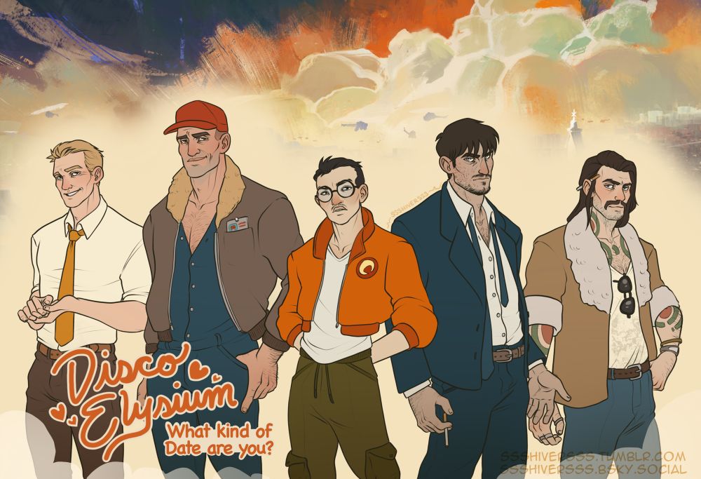 A selection of the cast of Disco Elysium (Left to right: Trant Heidelstam, Titus Hardie, Kim Kitsuragi, Jean Vicquemare, and Tommy Le Homme) in the style of Deam Daddy: A Dad Dating Similator. The title reads Disco Elysium: What kind of Date are you?