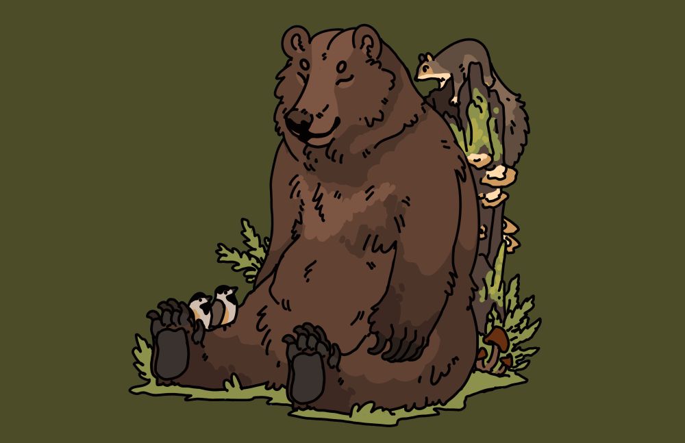 A brown bear slumped back against an old log having a nap. A squirrel sits on top of the stump, two Chickadee sit on the bears leg.