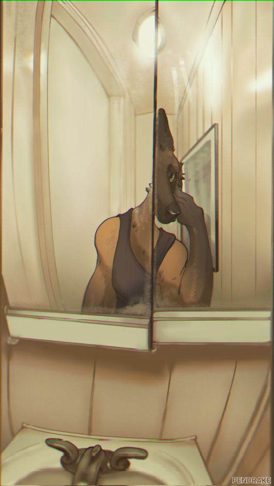 A werewolf stands in a cramped closet bathroom, looking in a mirror. She is brown, with reddish furred shoulders, green eyes, and is wearing a black tank-top. A hand reaches up pulling down her one eyelid as if inspecting her exhaustion. The medicine cabinet is slightly open causing her reflection to be bisected.