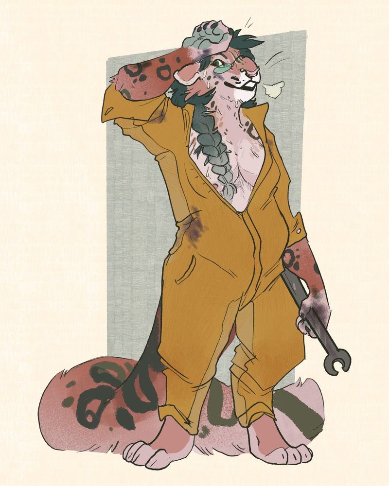 A peachy colored Anthropomorphic snow leopard with mottled dark olive spots. They wear an orange mechanics jumpsuit and are wiping sweat off their brow. The jumpsuit is slightly open, revealing their bare chest but it's nothing more than peeking cleavage. 