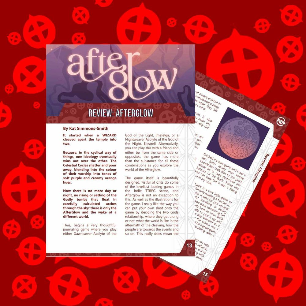 Two preview pages of the review AfterGlow on a reddy orange patterned background 