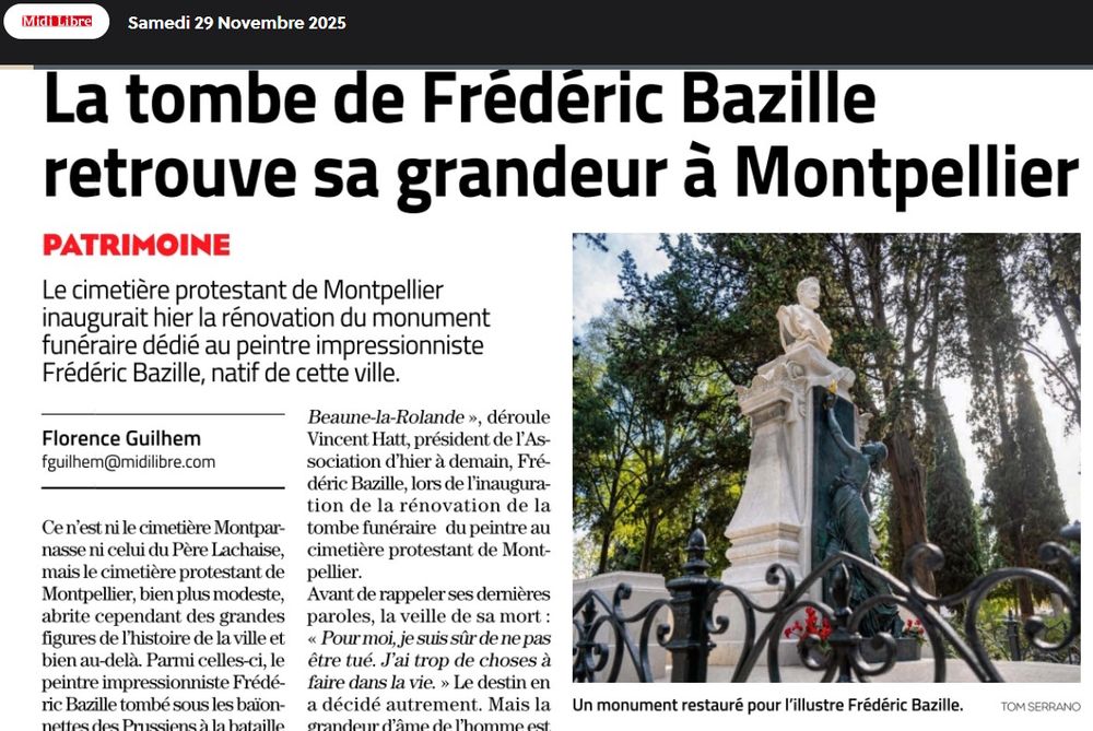 En-tête d'un article du journal 'Midi libre' du 29 novembre 2025 : "La tombe de Frédéric Bazille retrouve sa grandeur à Montpellier", avec photographie du monument funéraire : buste du peintre tué à la guerre de 1870-1871, sur une colonne ; l'allégorie de la patrie lui tend des lauriers.