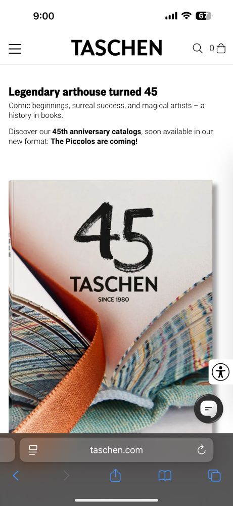 Screenshot of taschen.com showing their recent 45th anniversary catalog and announcing that it is the start of a new book format—I have the catalog, it is very small and cute and I am excited for tiny arthouse books!