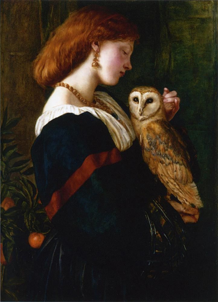 A painting in warm tones of a woman's profile. She has red hair that goes to her shoulders, her skin is very pale, and she is wearing large golden earrings and a golden beaded necklace. Her dress is navy, with large sleeves that have a burgundy ribbon around them. She is holding a barn owl that is facing the viewer, her other hand is gently touching the back of its head. The background is a warm dark green, and there is an dark brown stone wall with a leafy fruiting plant behind her. 