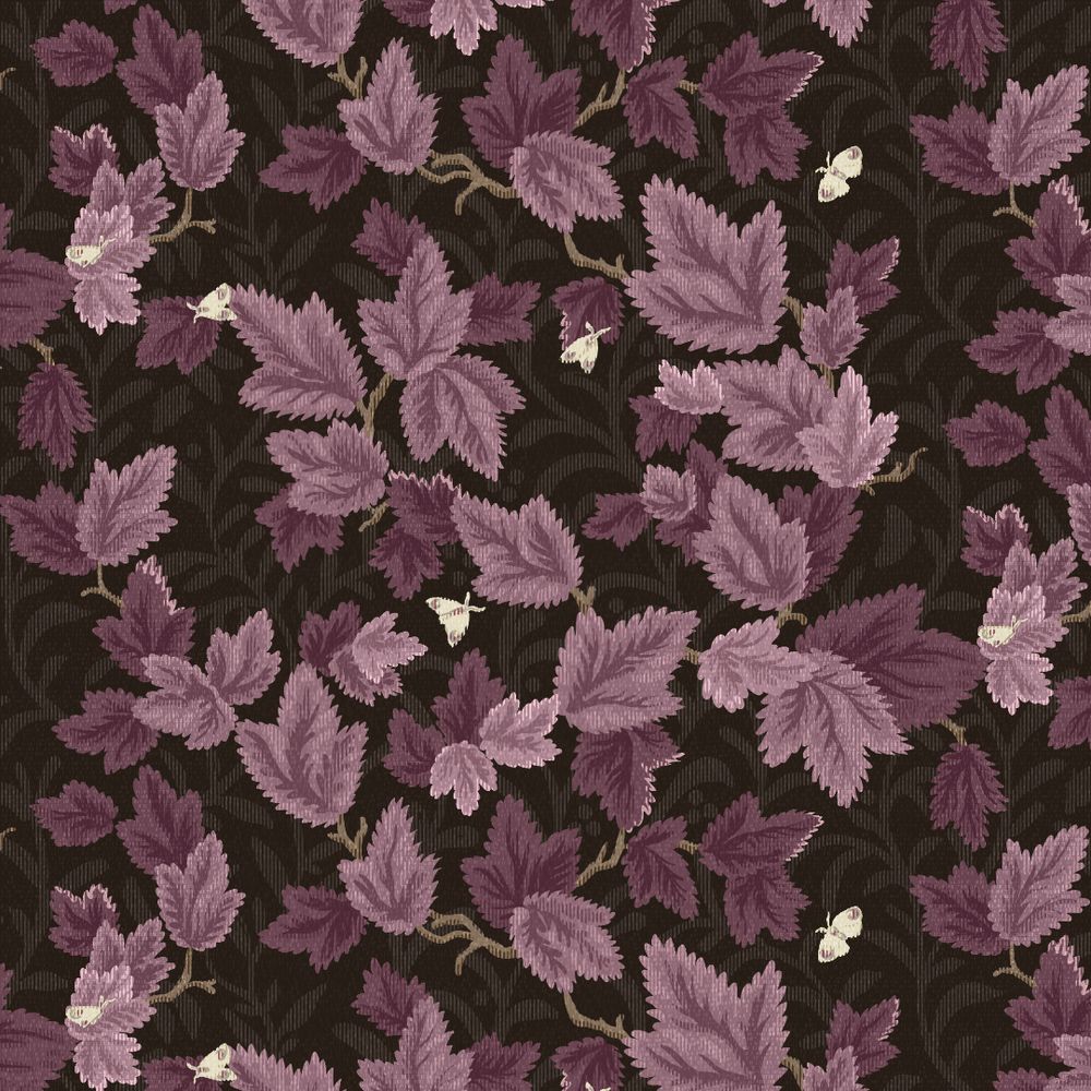 A pattern of leafy vines with a dark background and small white moths fluttering around. This pattern is another colorway of the main post's patterns, only in a warm and slightly subdued purple. 