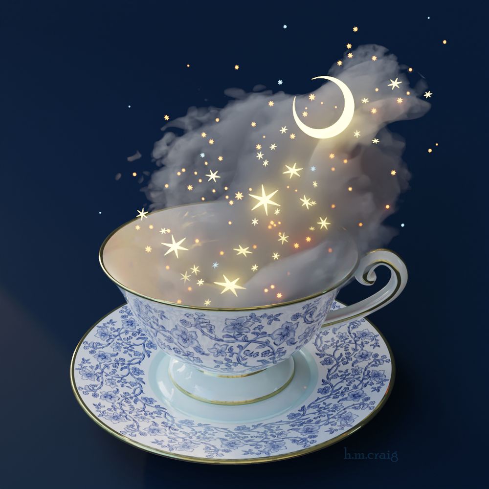 A 3D rendering of a matching teacup and saucer against a dark blue background.  They both have a blue interwoven floral pattern (which I designed). 

Instead of tea, the teacup contains wispy clouds and bright long-limbed stars, with a crescent moon near the top of the composition. 

My intention for this piece was to make something that felt a little like the movie Practical Magic: small but wondrous.