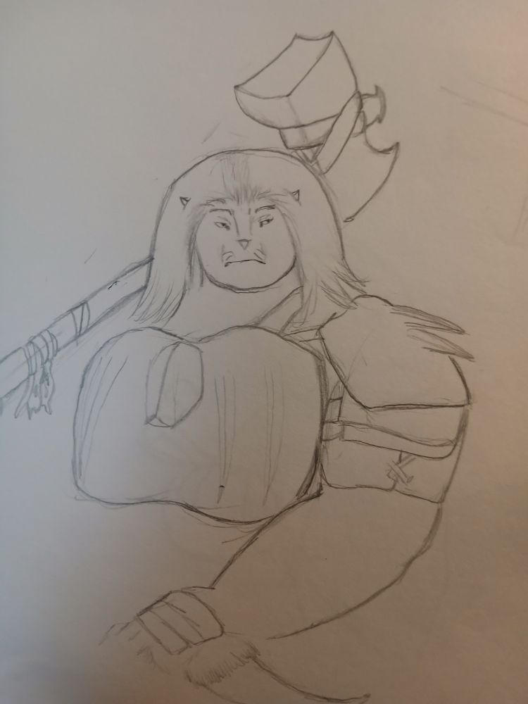 Wip of Ko'lovo Heraka with the Ember Blade and her warhammer 