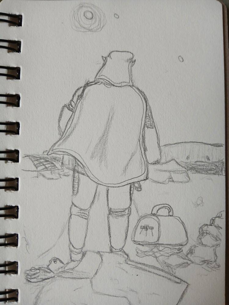 A drawing of my oc Toivo, his back turned to the viewer and overseeing a small camp on the surface of Mars. Olympus Mons towers in the horizon; Phobos and Deimos rush along the sky.